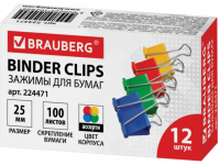 Зажимы для бумаг BRAUBERG, КОМПЛЕКТ 12шт., 25мм (100 листов), цветные, картонная коробка