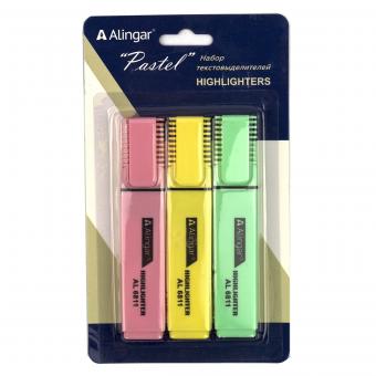 Набор текстмаркеров Alingar "Pastel" 1-4 мм, 3 цвета, прямоугольный корпус, скошенный